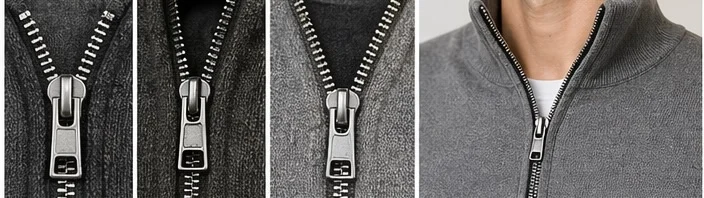 Quarter-zip metal zipper detail with weighted puller — Strickwaren-Hersteller China