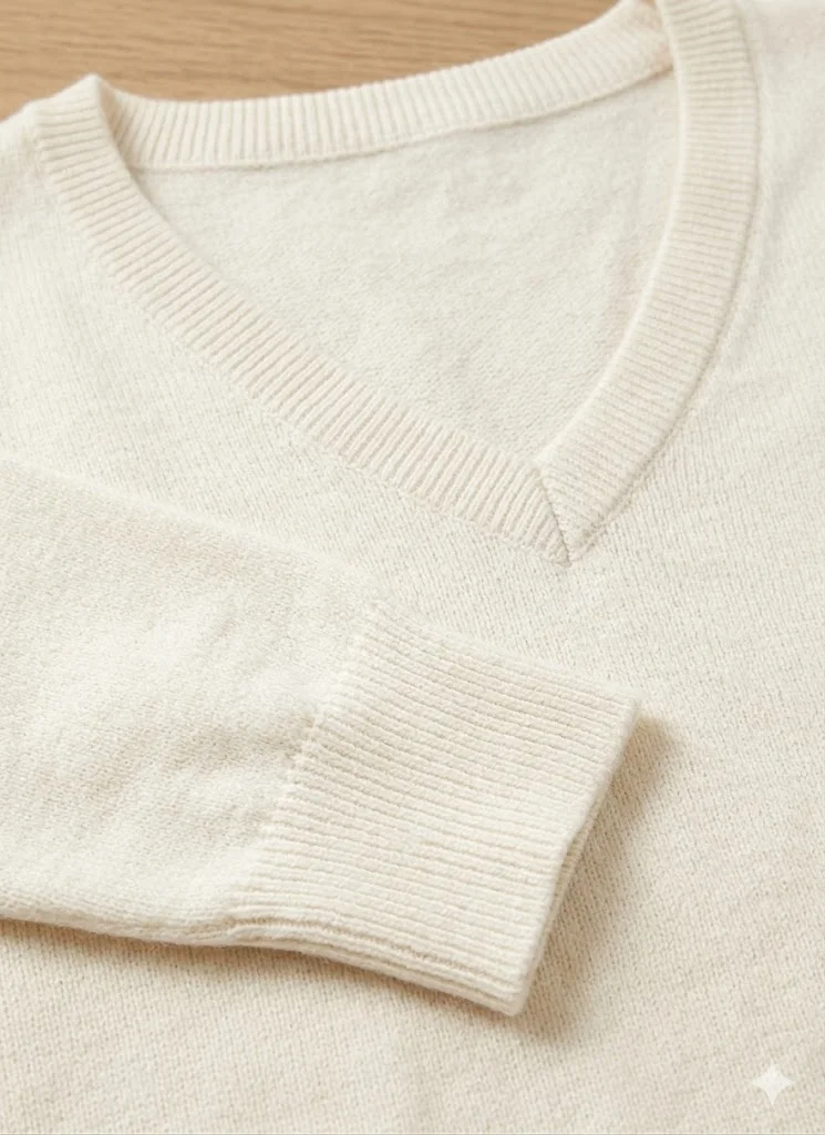 Fine gauge cotton sweater V-neck and rib cuff detail — Strickwaren-Hersteller China