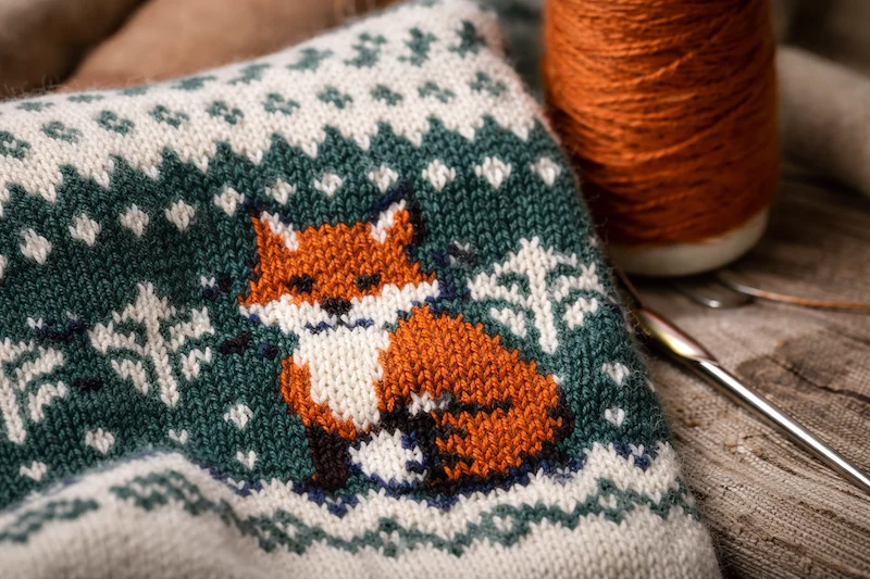 Fox Jacquard-Pullover detail at Lin Sweater Factory in Dalang, Dongguan