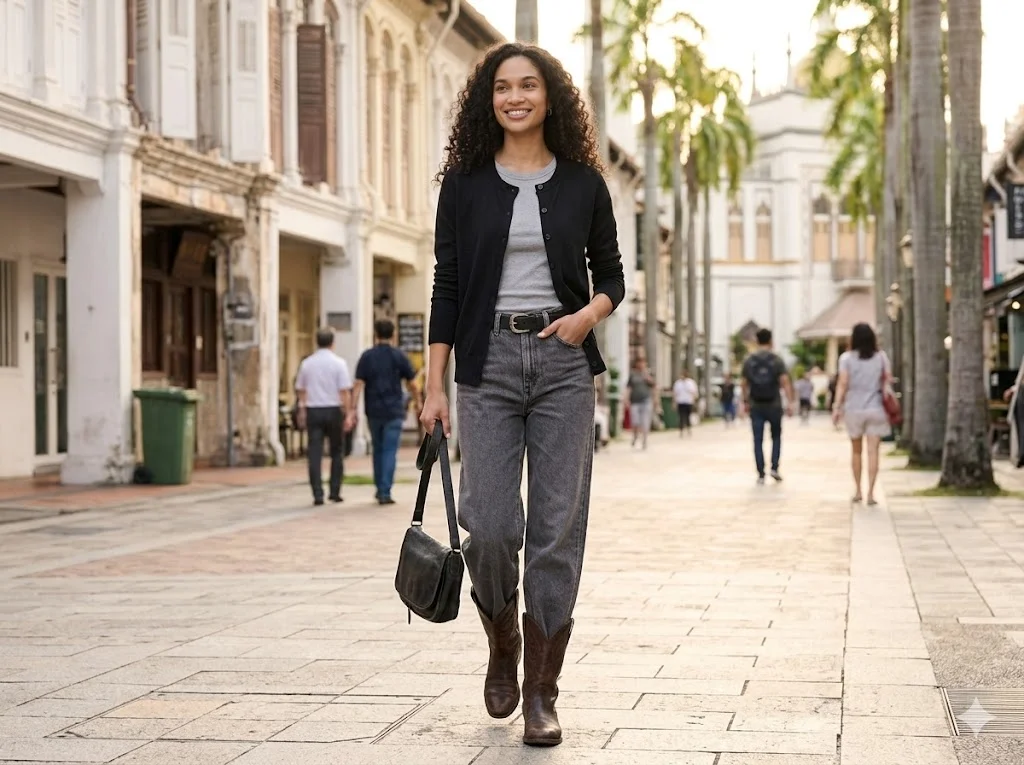 Leichtgewicht-Strickjacke gestylt mit T-Shirt und Jeans – Vier-Jahreszeiten-Layering