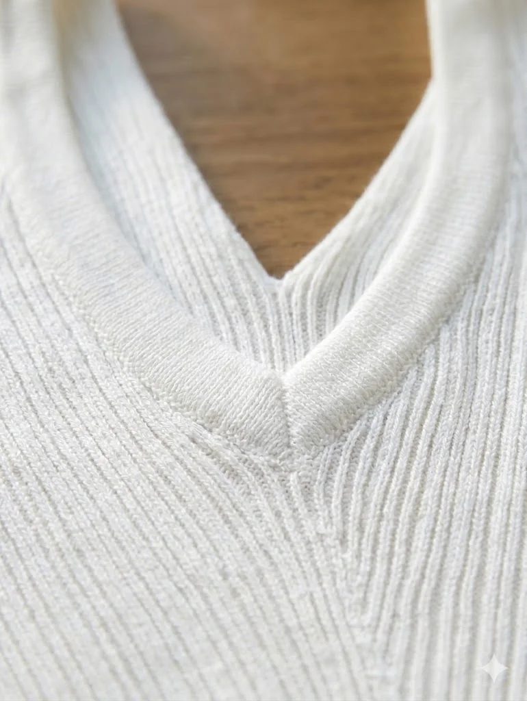 Fine rib knit texture and V-neck binding detail — Strickwaren-Hersteller China