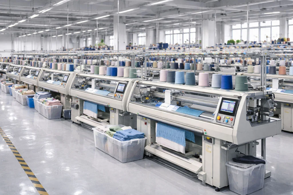 Lin Sweater Factory Produktionshalle Dalang Dongguan — über 40 Flachstrickmaschinen