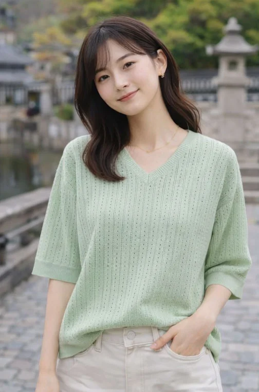 Women's sage green V-neck Halbarm-Pullover OEM manufacturer China